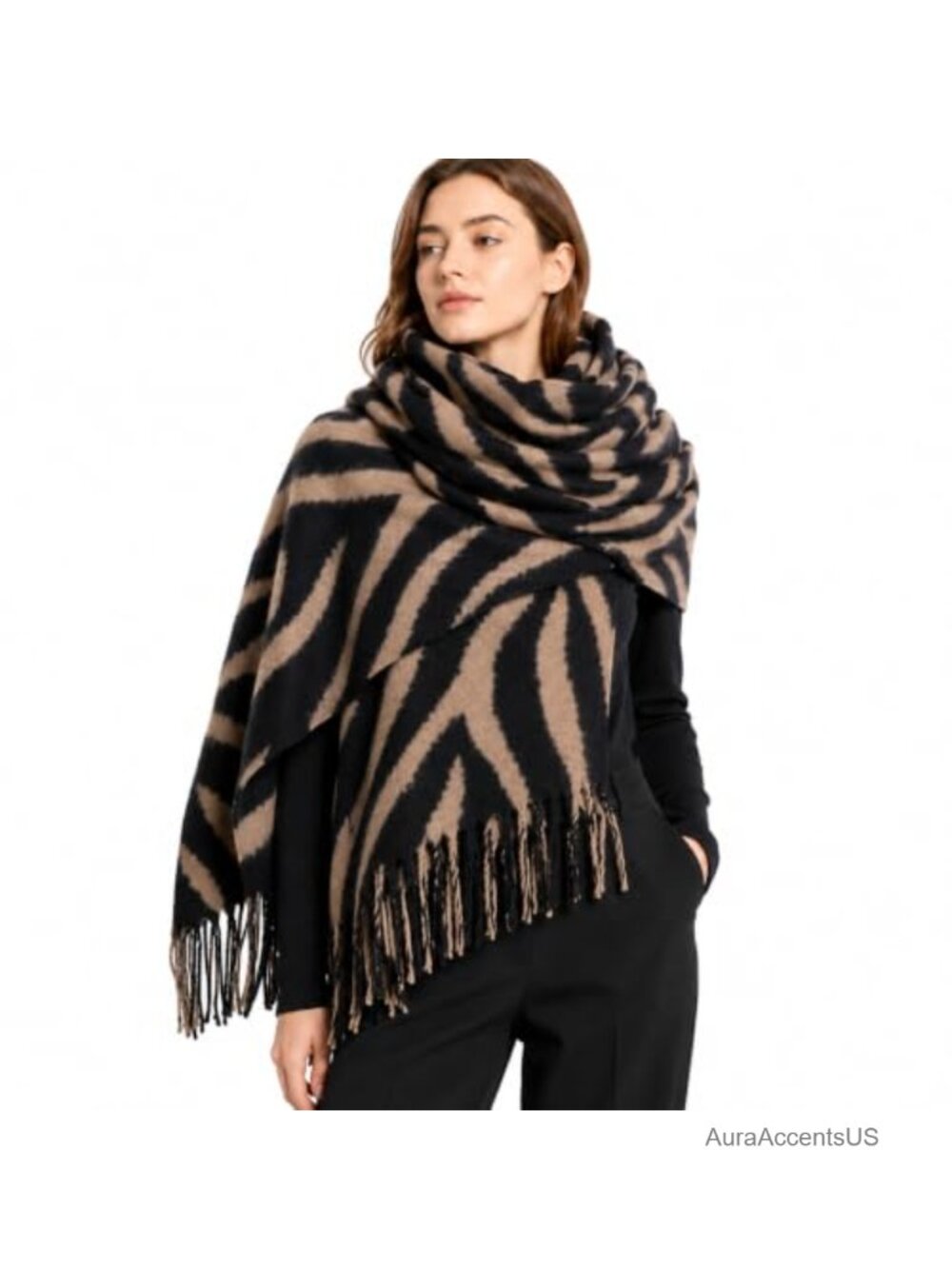 Oversized Zebra Stripe Scarf Shawl Wrap with Tassels - Soft Warm Winter